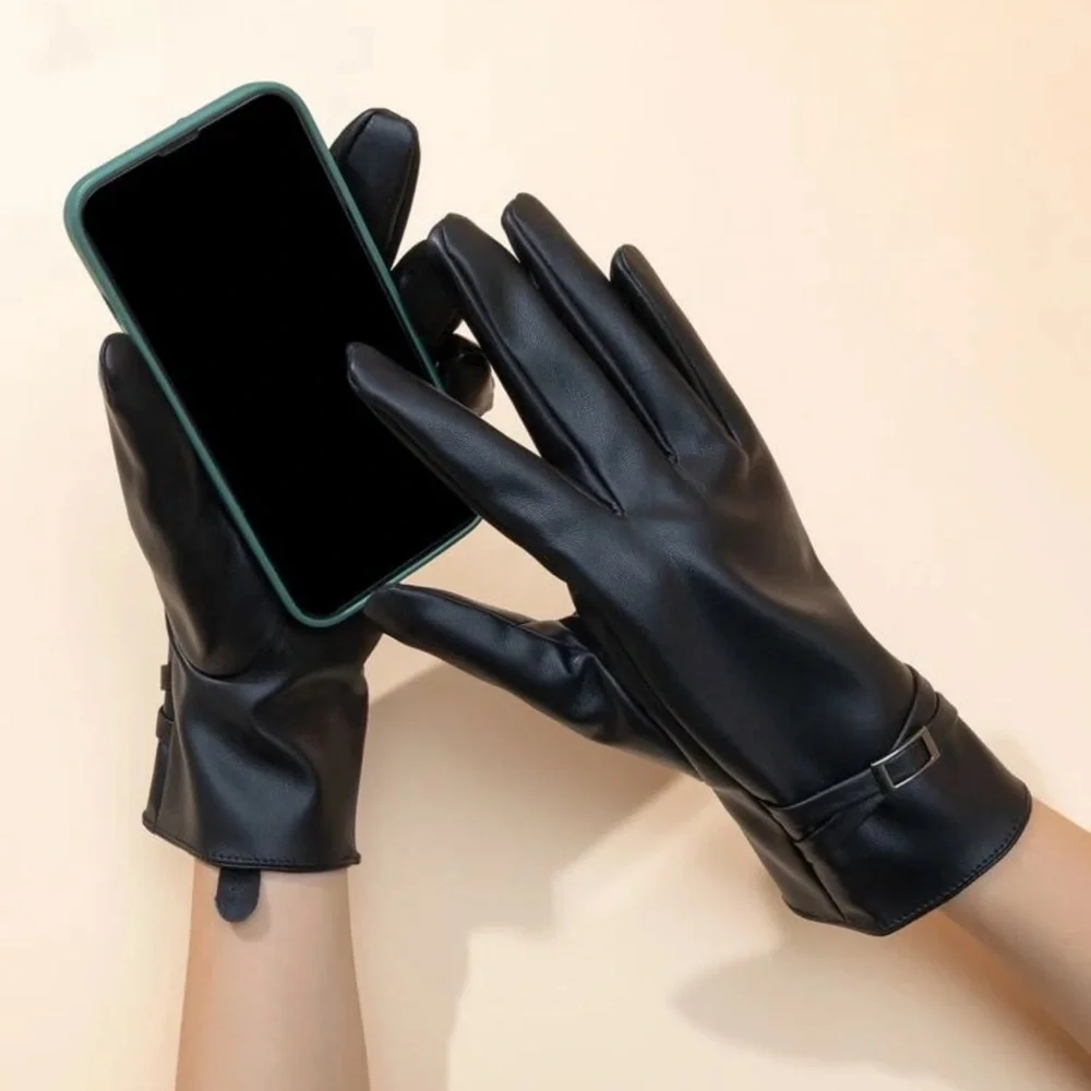 1 Pair Women Winter Warm PU Leather Gloves With Fleece Lining, l Waterproof